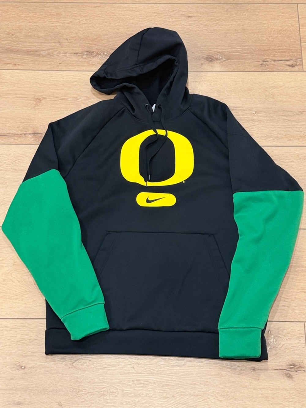 Nike Black Hoodie with Green Sleeves and Yellow Oregon 'O' Logo